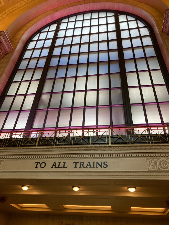 High, frosted windows.