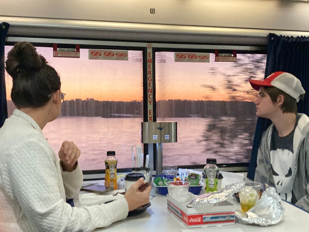 Watching sunrise over breakfast.