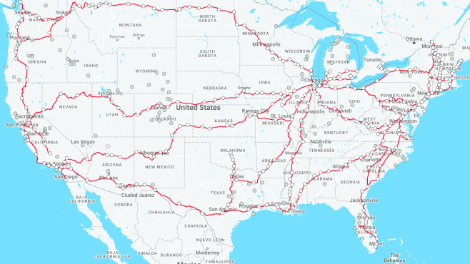 United States contiguous 48 states map with Amtrak routes.