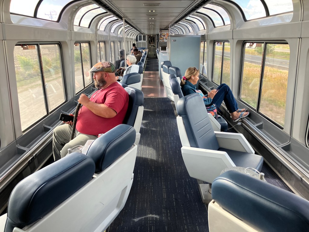 Booths and benches in the lounge car.