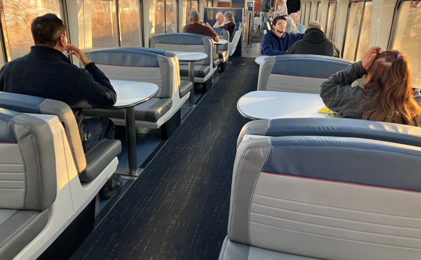 Booths and benches in the lounge car.