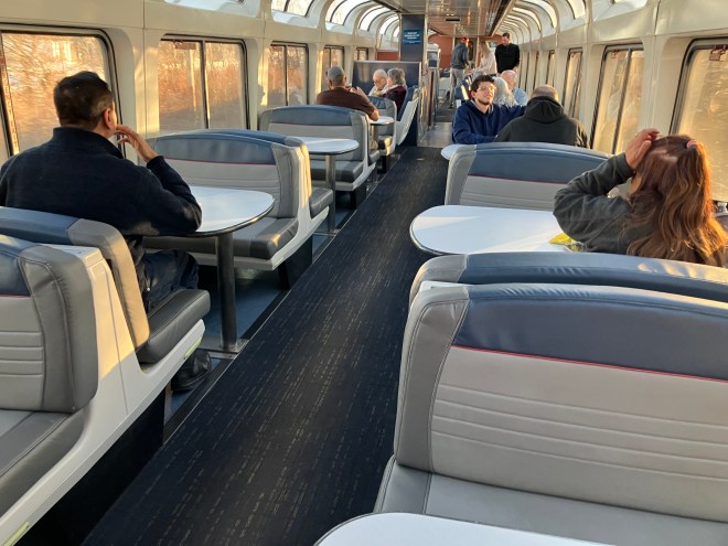 Booths and benches in the lounge car.
